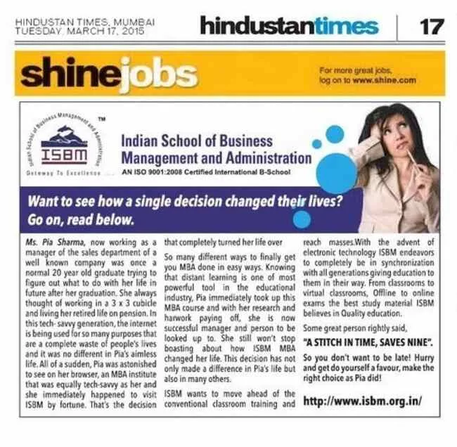 Hindustan Times — Indian School of Business Management and Administration