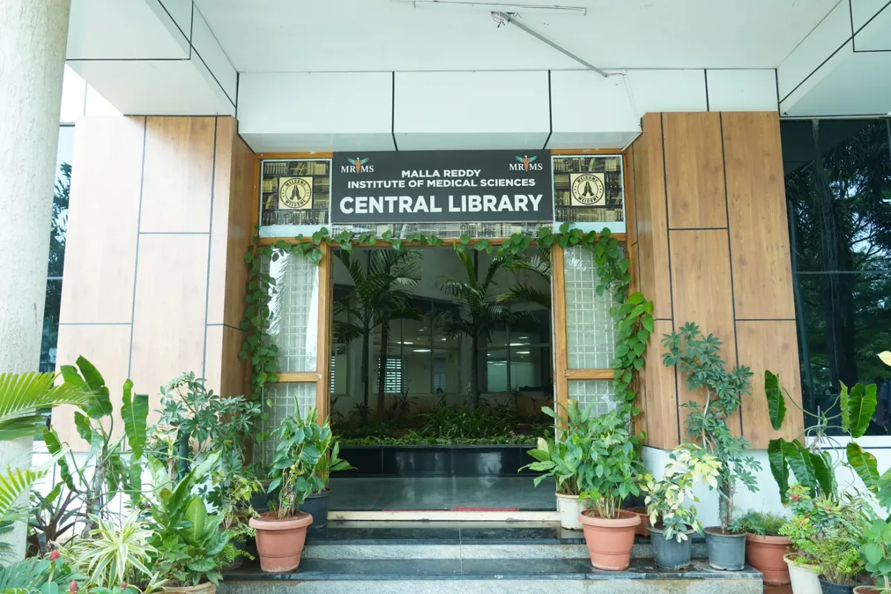 Entrance of the Malla Reddy Institute of Medical Sciences Central Library with the college name on the signage