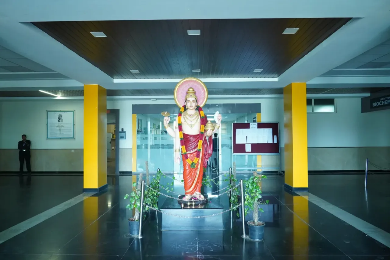 Main lobby of Malla Reddy Institute of Medical Sciences with the Dhanvantari statue