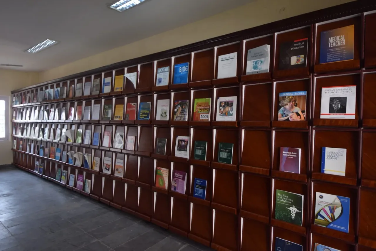 Journal display racks in the library journals room at Deccan College of Medical Sciences
