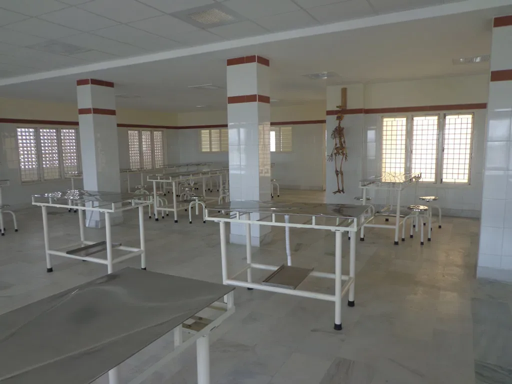 Anatomy dissection hall with stainless-steel dissection tables at Kamineni Academy of Medical Sciences, Hyderabad