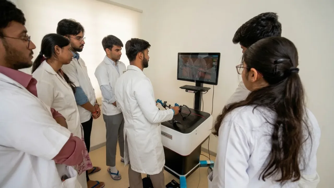 Students observing a laparoscopy simulation demonstration at the AIMS skill centre