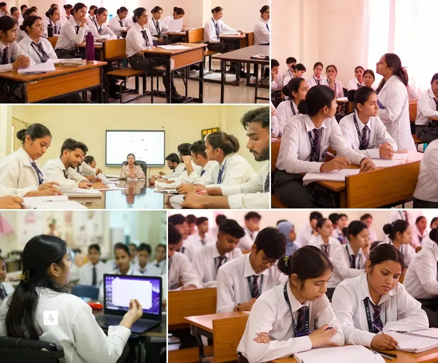 SIMS campus life collage — classrooms, seminars, and faculty guiding nursing students — Sushila Institute of Medical Sciences