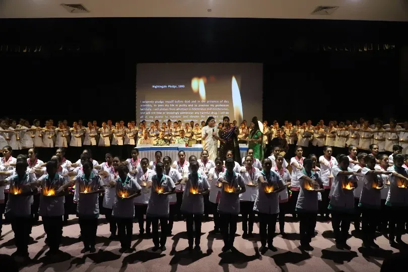 Nursing students attending the lamp-lighting and oath-taking ceremony — Parul Institute of Nursing