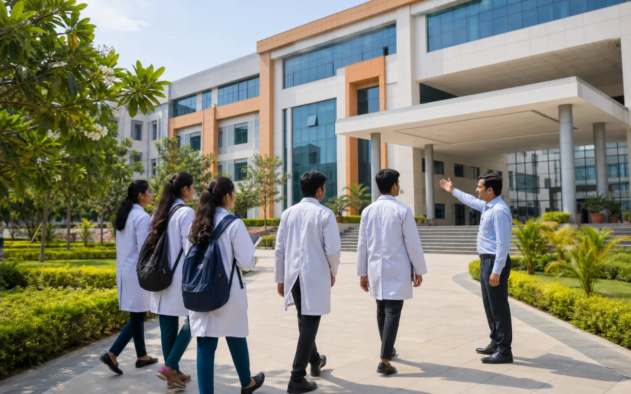 Pharmacy students and faculty outside a modern college campus — Krishna Teja Pharmacy College