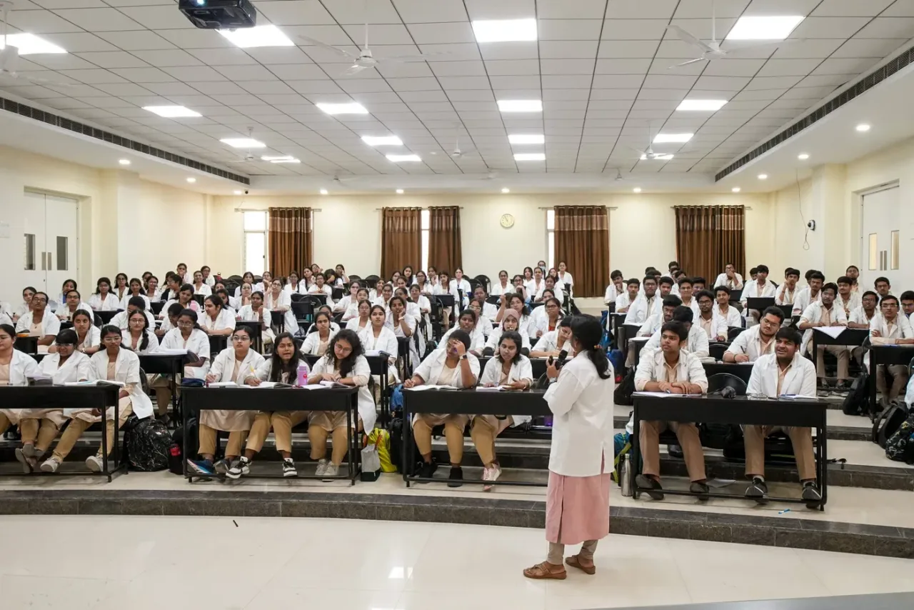 Students attending a lecture in the tiered gallery hall at Mamata Academy of Medical Sciences, Bachupally