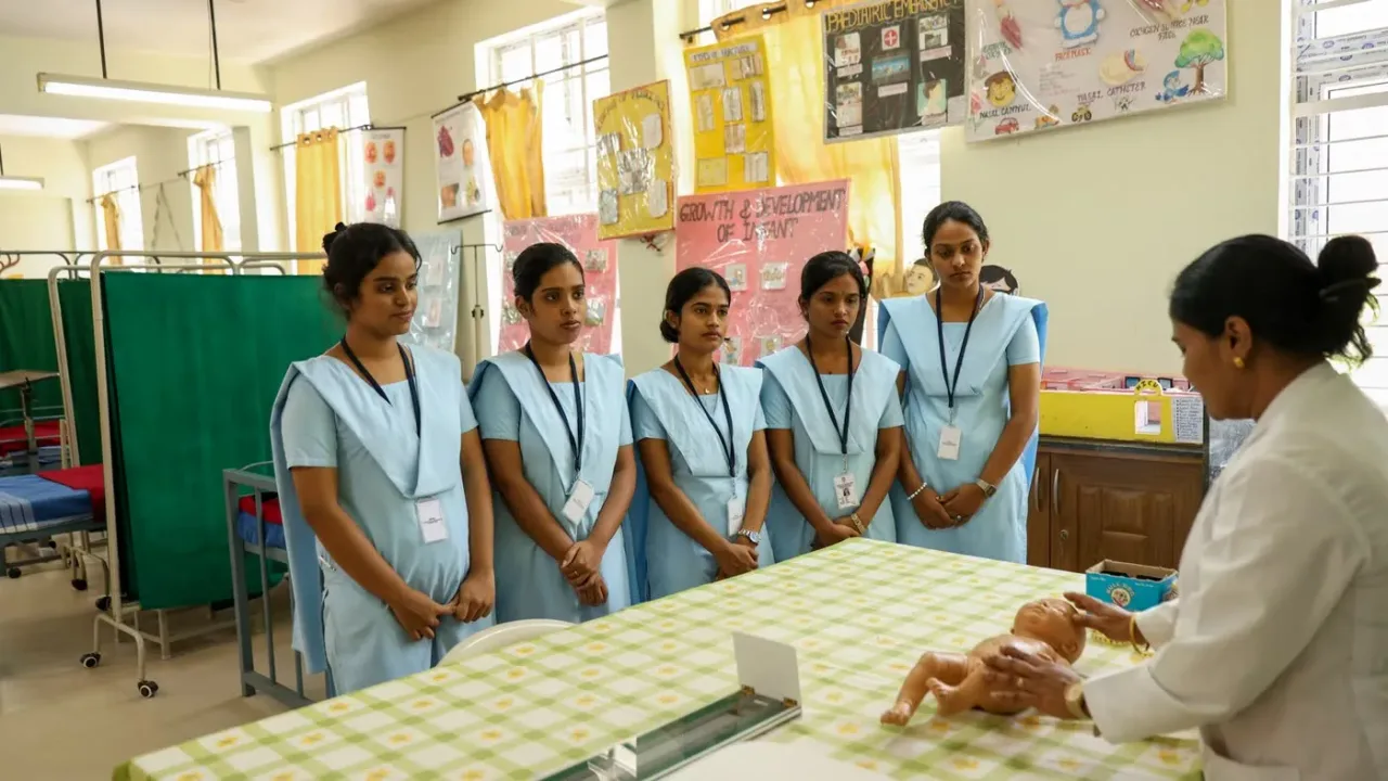 Faculty demonstrating neonatal care in the nursing skills lab — AECS Maaruti College of Nursing