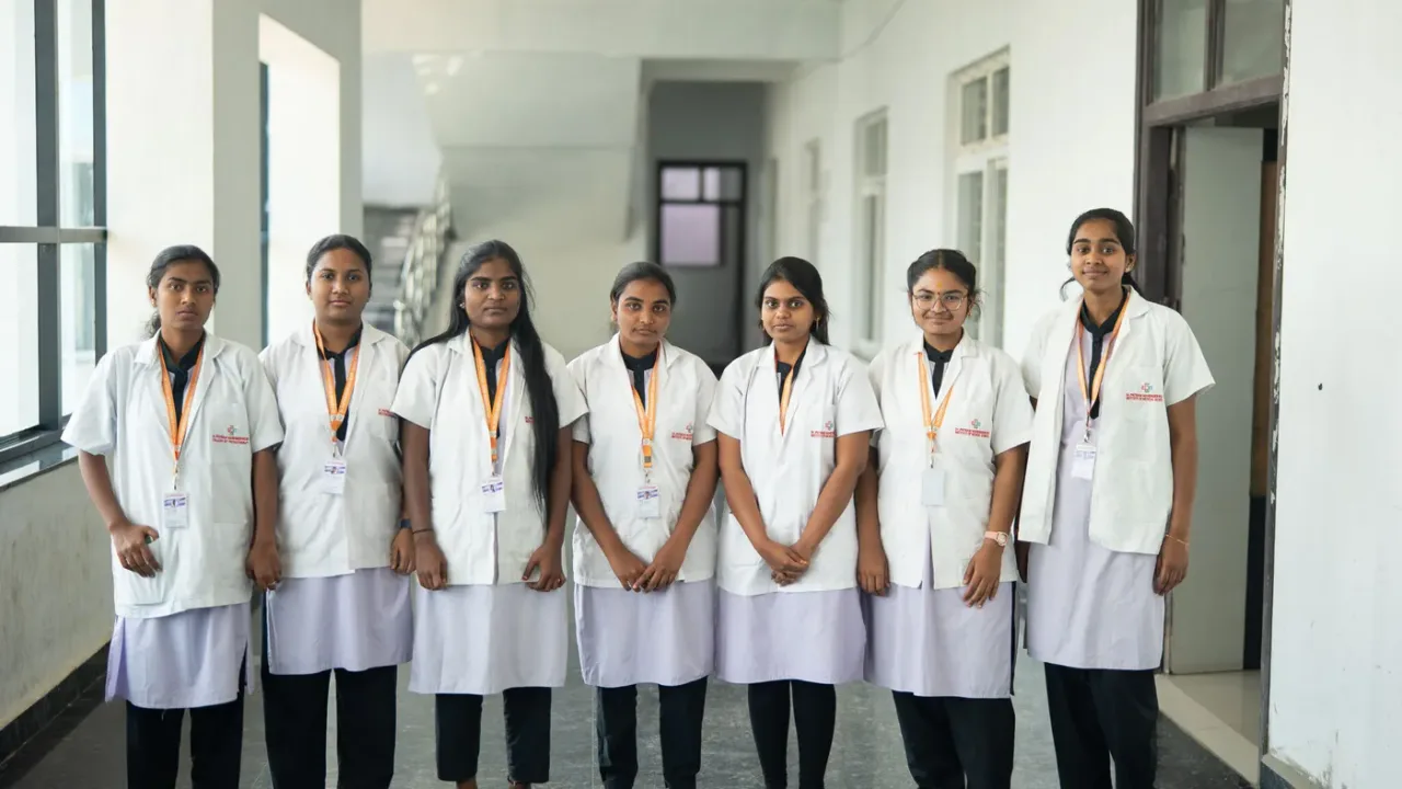 Students of Dr. Patnam Mahender Reddy Institute of Medical Sciences in a college corridor at Chevella