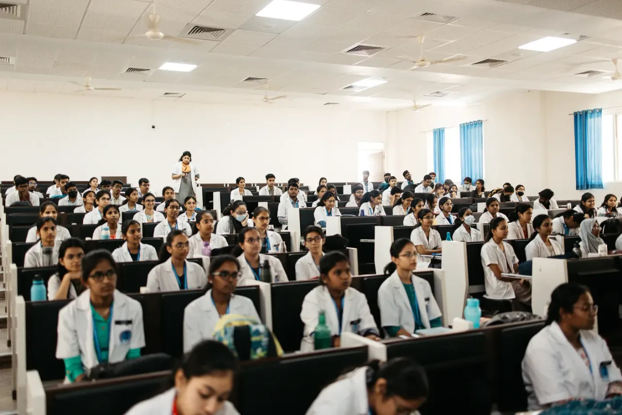 MBBS students attending a lecture at Akash Institute of Medical Sciences, Devanahalli