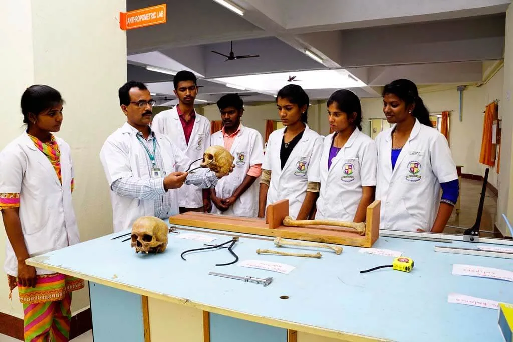Faculty demonstrating a skull to MBBS students in the Forensic Medicine anthropometry laboratory at ACS Medical College and Hospital, Chennai