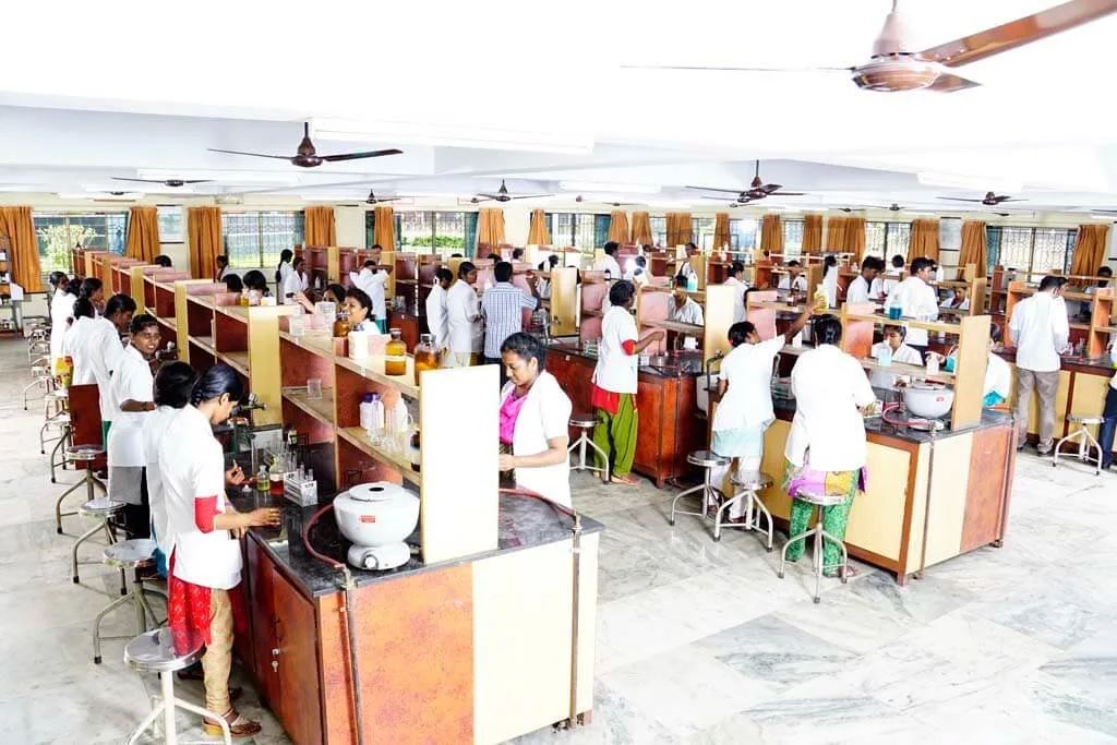 MBBS students at work benches in the Biochemistry practical laboratory at ACS Medical College and Hospital, Chennai