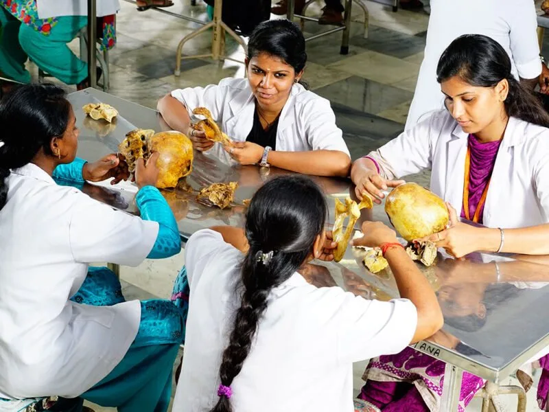 MBBS students examining bone specimens during an osteology session in the Anatomy department at ACS Medical College and Hospital, Chennai