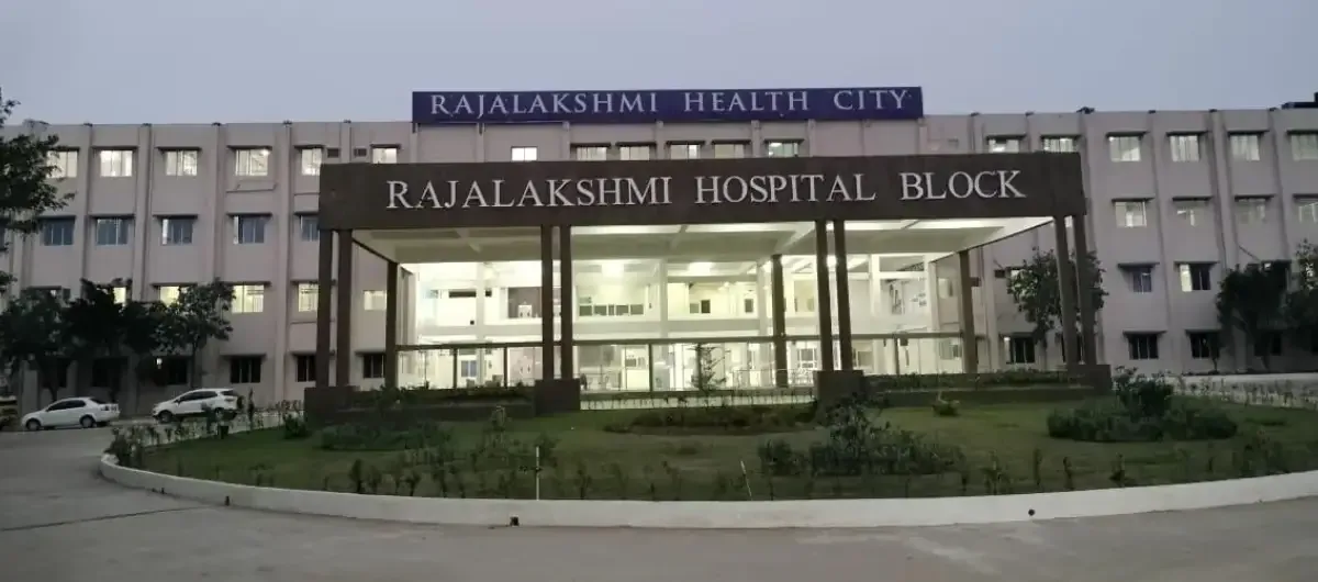 Rajalakshmi Hospital Block of Annaii Medical College and Hospital lit at dusk