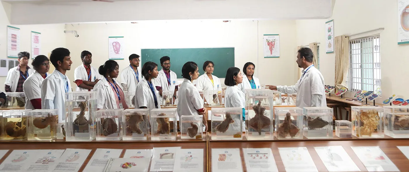 Faculty demonstrating specimens to MBBS students at the anatomy museum of Bhaarat Medical College & Hospital, Chennai