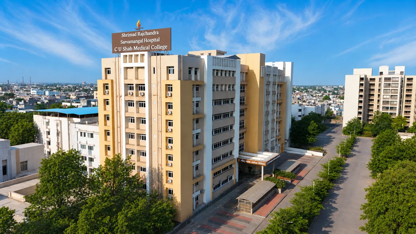 Aerial view of the multi-storey Shrimad Rajchandra Sarvamangal Hospital and C. U. Shah Medical College building at Surendranagar