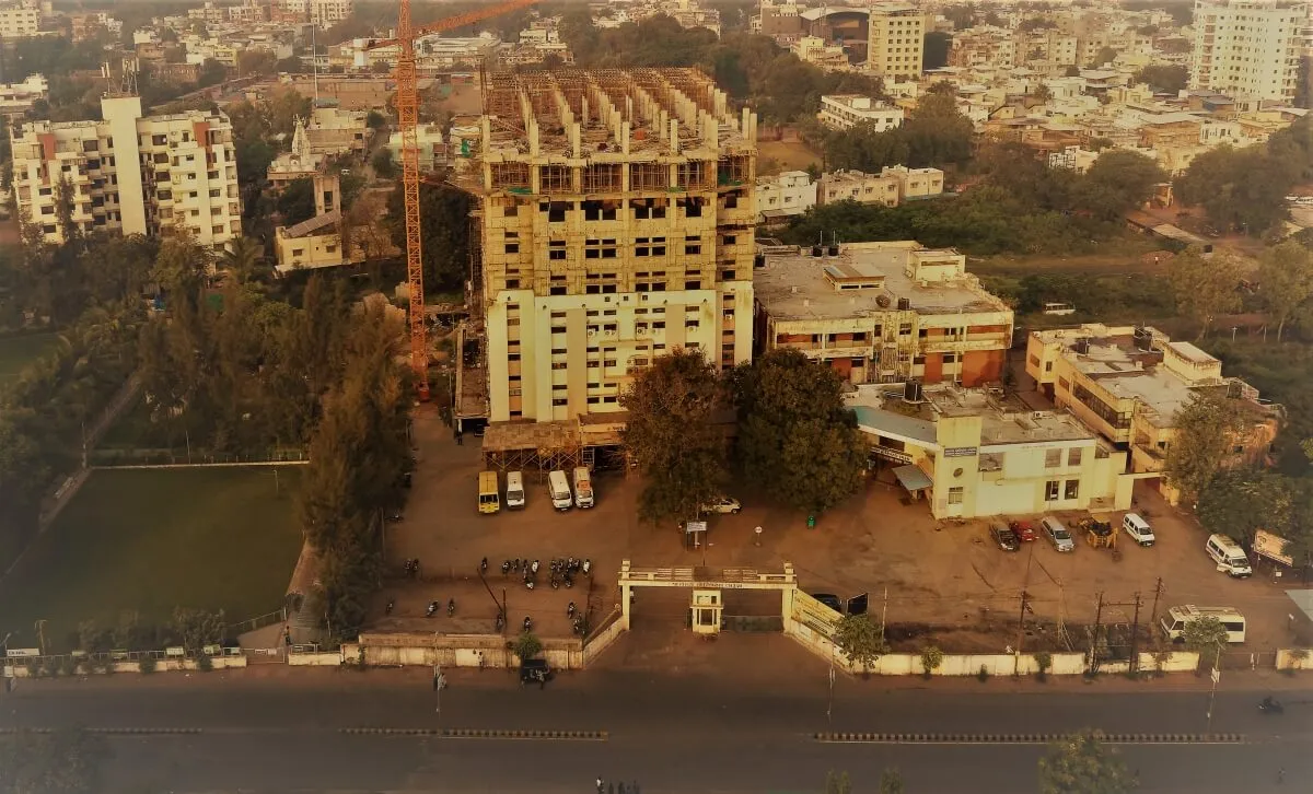 Aerial front view of the New Civil General Hospital, the teaching hospital of Dr. Kiran C. Patel Medical College, Bharuch, with ongoing expansion