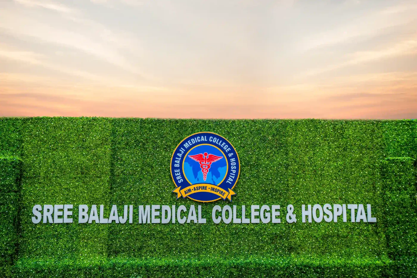 Sree Balaji Medical College & Hospital crest and name signage on the landscaped campus wall at Chromepet, Chennai