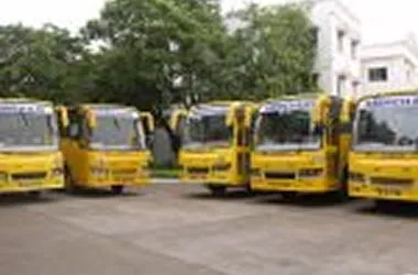 Fleet of college transport buses parked at Sri Muthukumaran Medical College, Chennai