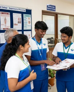 MBBS students reading in the Department of Physiology corridor at Sri Venkateswaraa Medical College, Chennai
