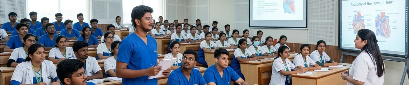 Students in a tiered lecture hall during an anatomy class at Sri Venkateswaraa Medical College, Chennai