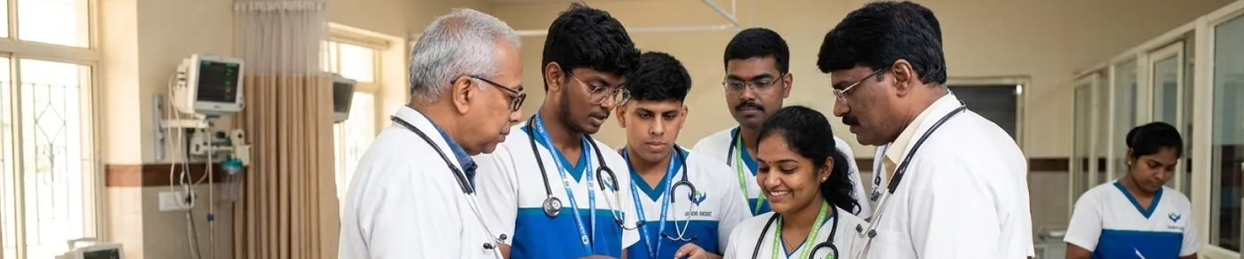 Students with faculty during bedside clinical training at Sri Venkateswaraa Medcity teaching hospital, Chennai