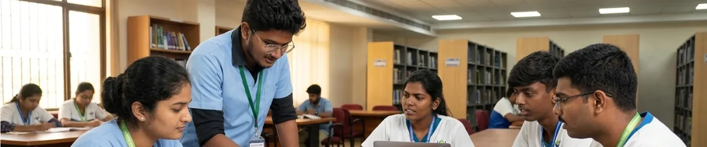 A faculty member guiding MBBS students in the library at Sri Venkateswaraa Medical College, Chennai
