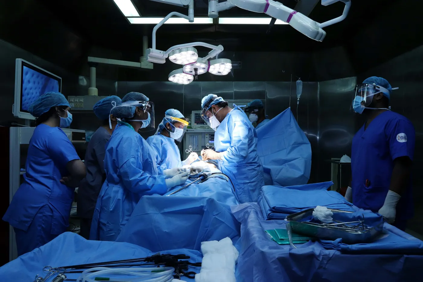 Surgical team in a modular operation theatre at SRM Medical College Hospital and Research Centre